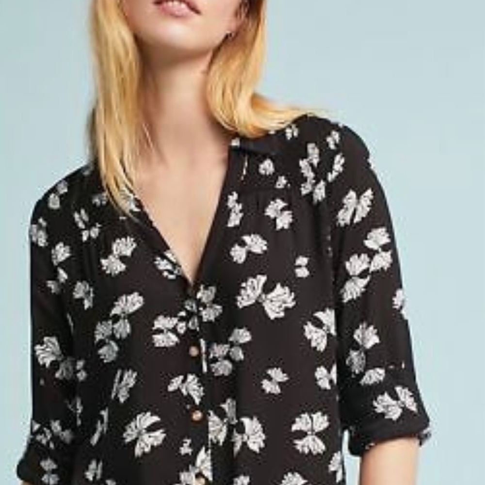 Anthropology Maeve Black Button Down Bow Blouse 👚